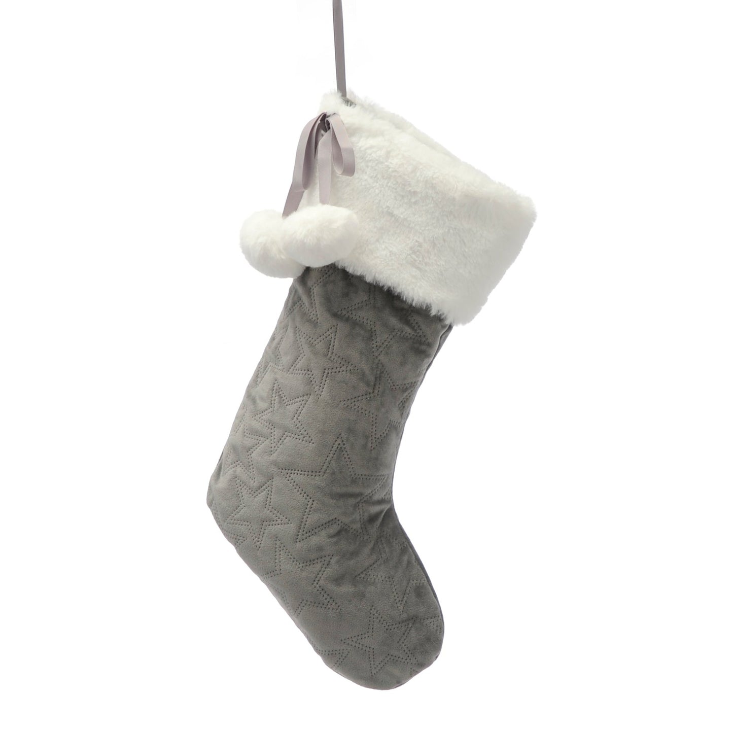 Grey Star Embossed Christmas Stocking Decorartion 48cm