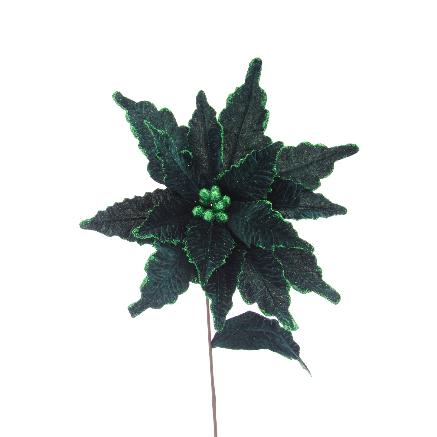 Dark Green Christmas Poinsettia Stem with Glitter 68cm