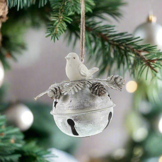 Silver Bell Christmas Tree Decoration with White Bird and Foliage