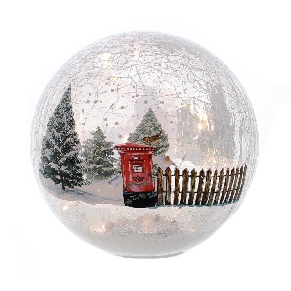 Christmas Crackle Effect Lit 15cm Ball Decoration with Post-box Winter Scene