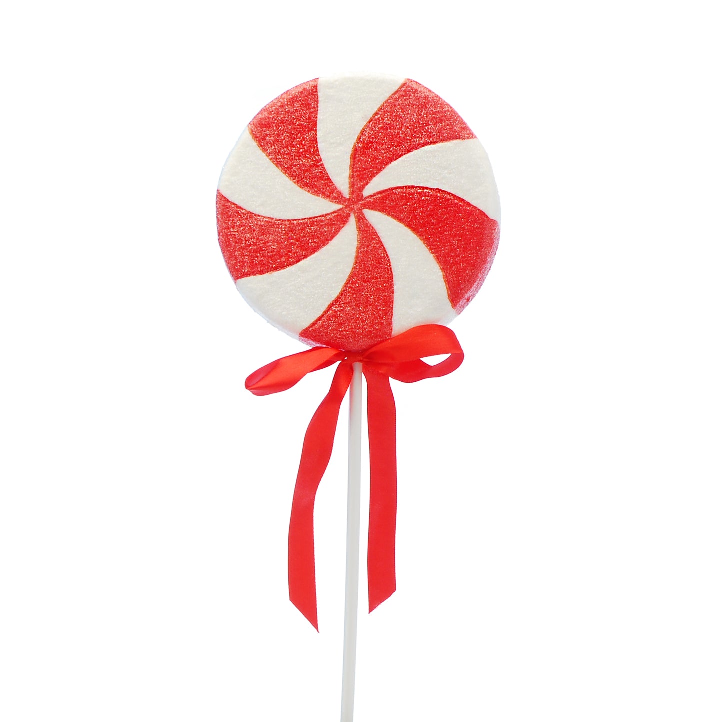 A red and white candy cane lollipop with a glitter finish and a red ribbon on a white stick.