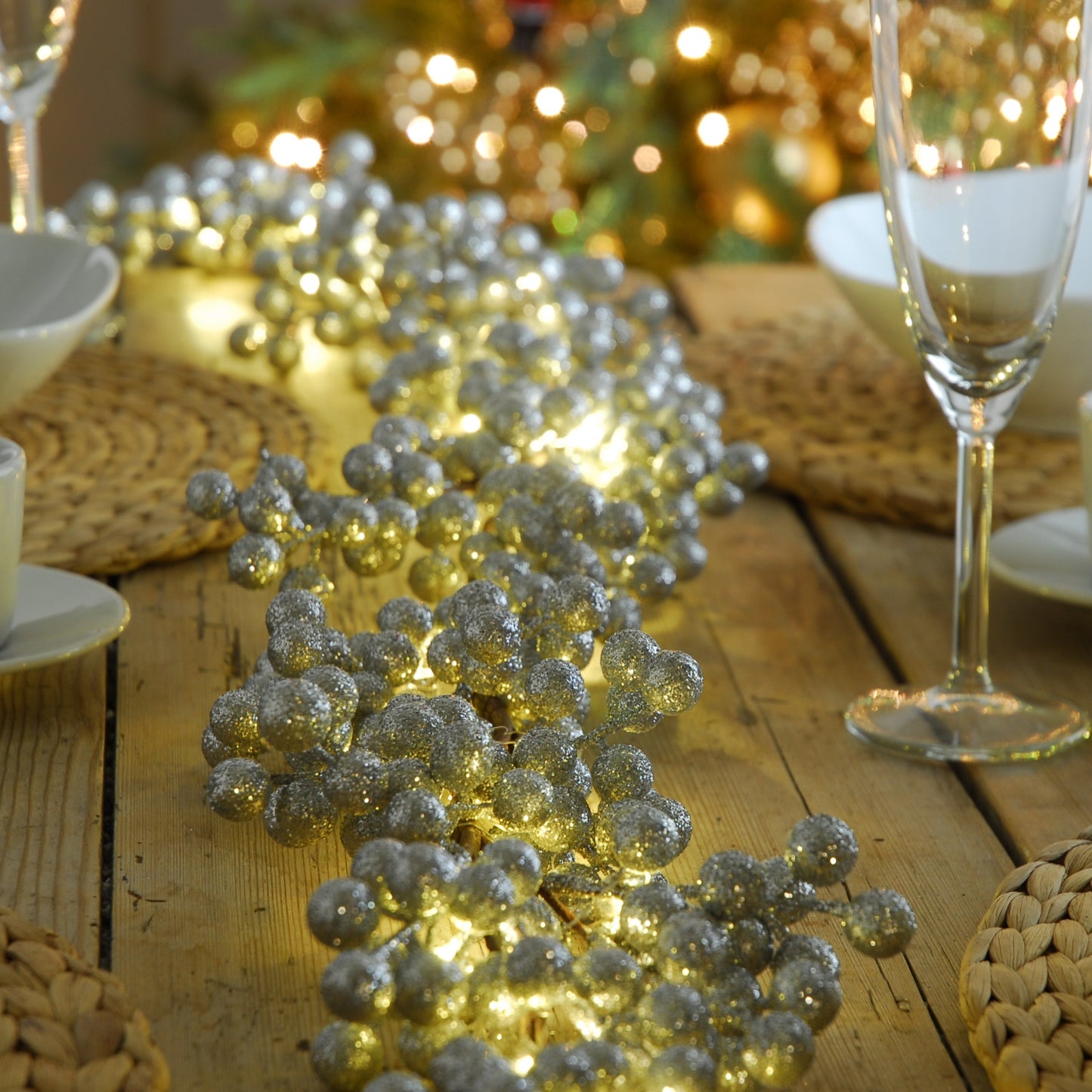 Silver Glitter Christmas Berry Lit Garland