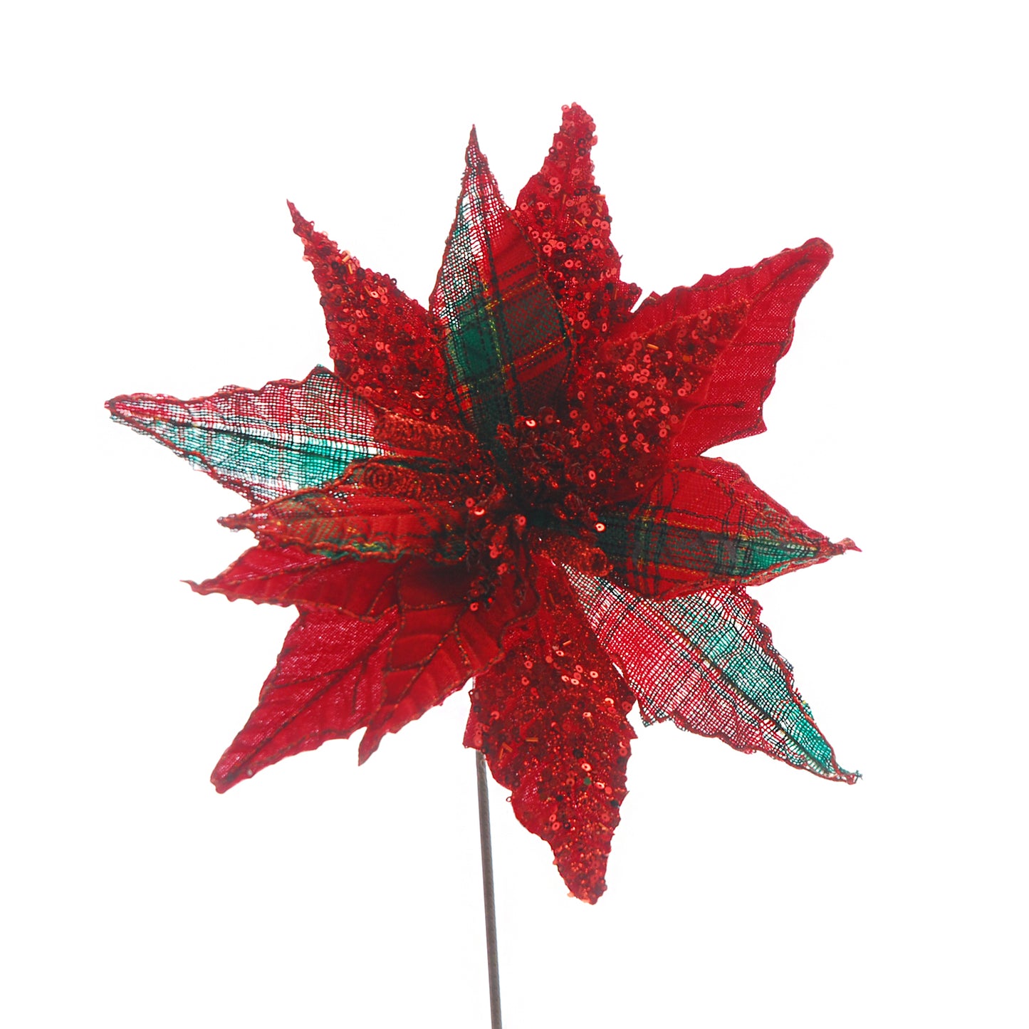 Red and Tartan with Sequins Christmas Poinsettia Stem 54cm