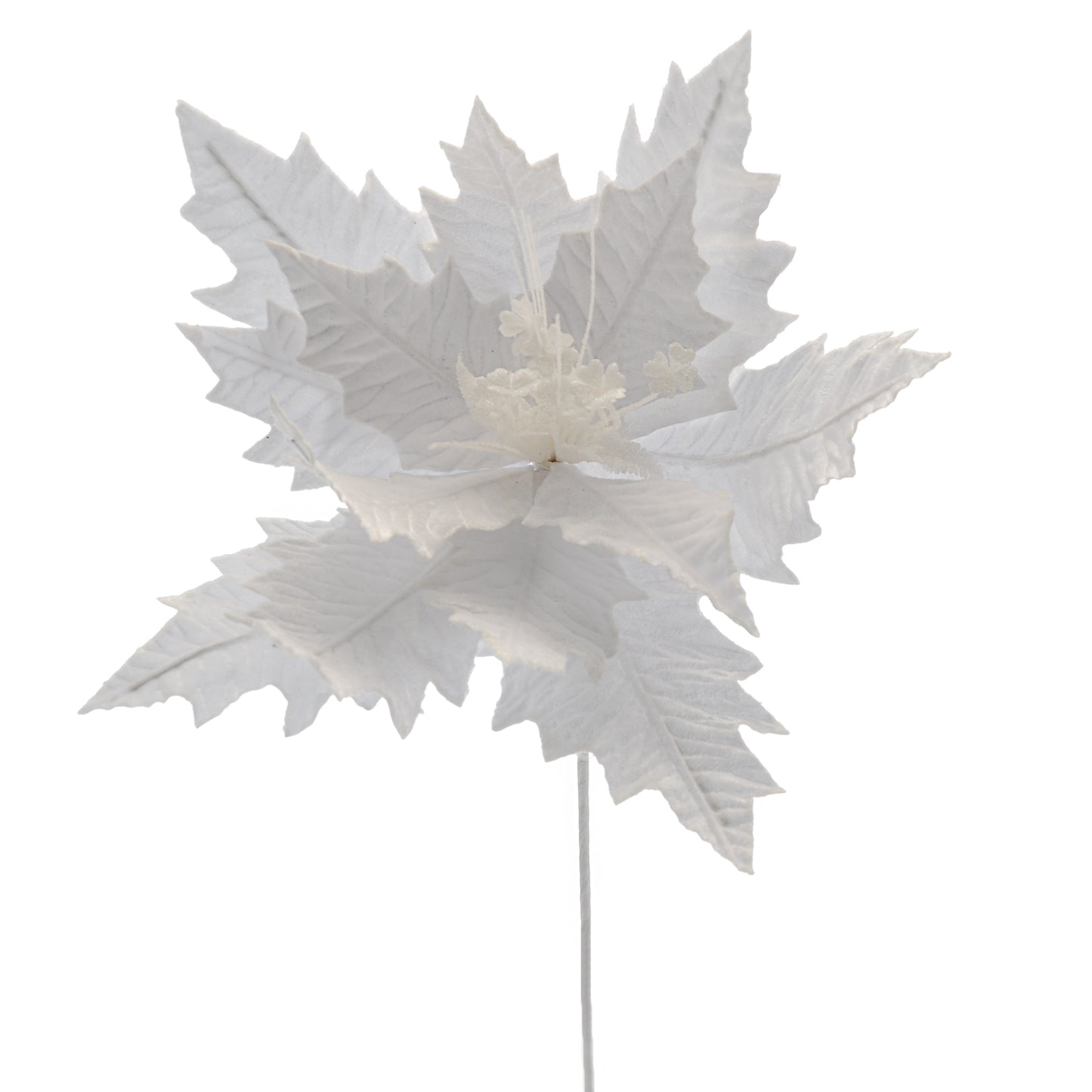 A white artificial Christmas poinsettia pick with glitter on the stem, designed to be placed in a Christmas tree or garland.