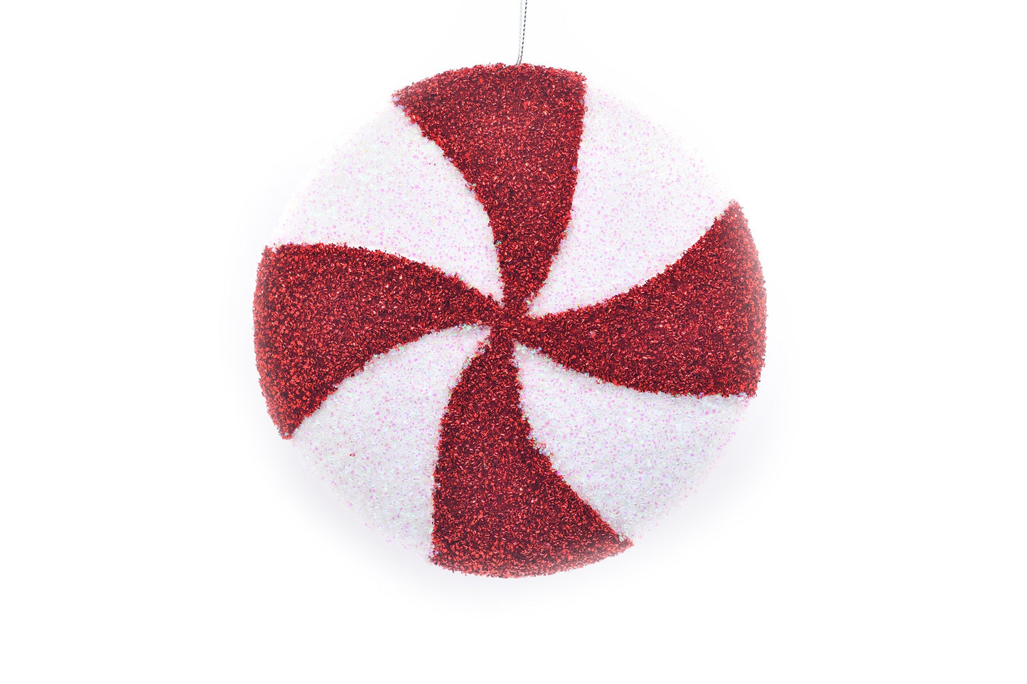 A circular candy stripe decoration with red and white colors and a silver hanging wire.