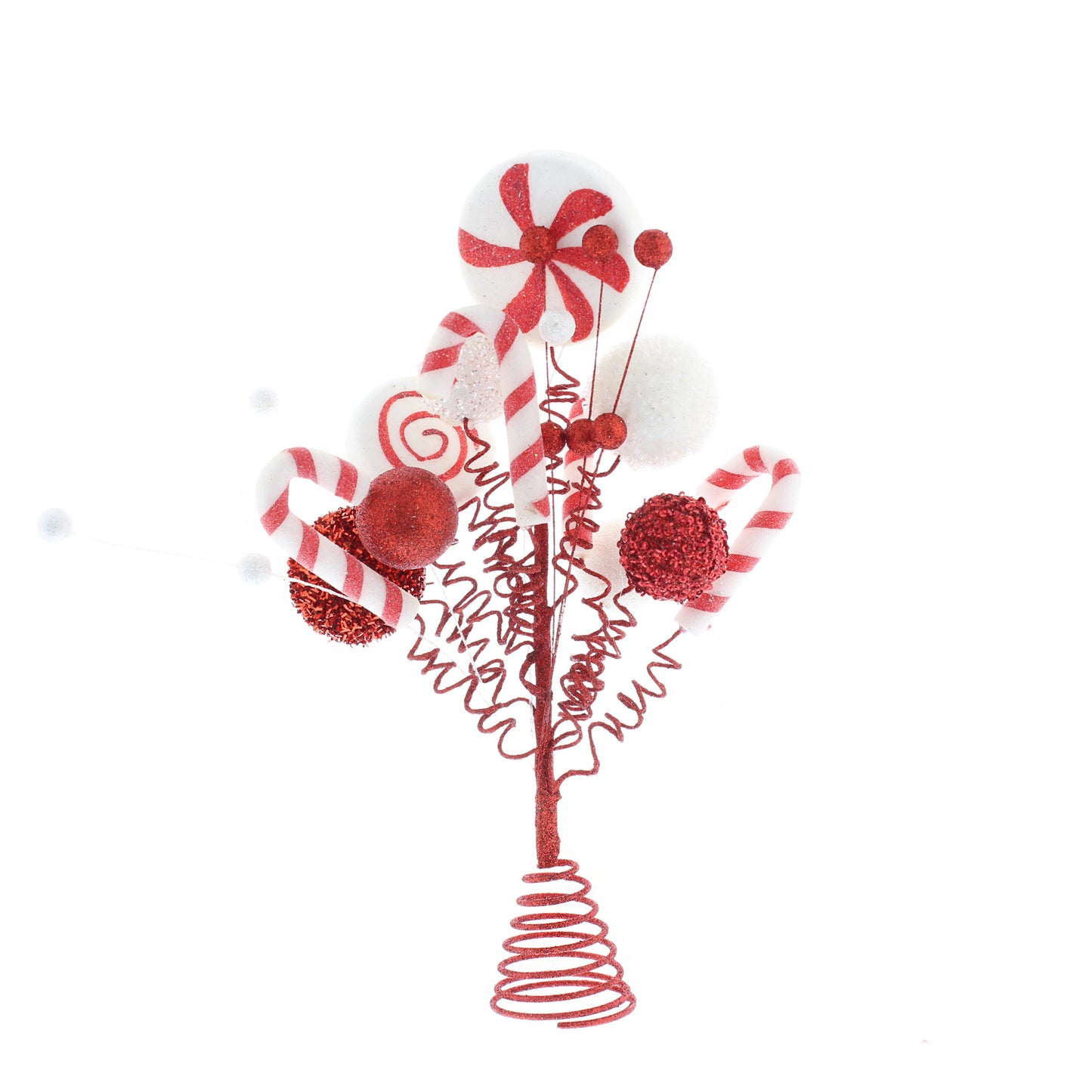 A decorative Christmas tree topper featuring a candy cane theme with red and white colors and a glitter finish.