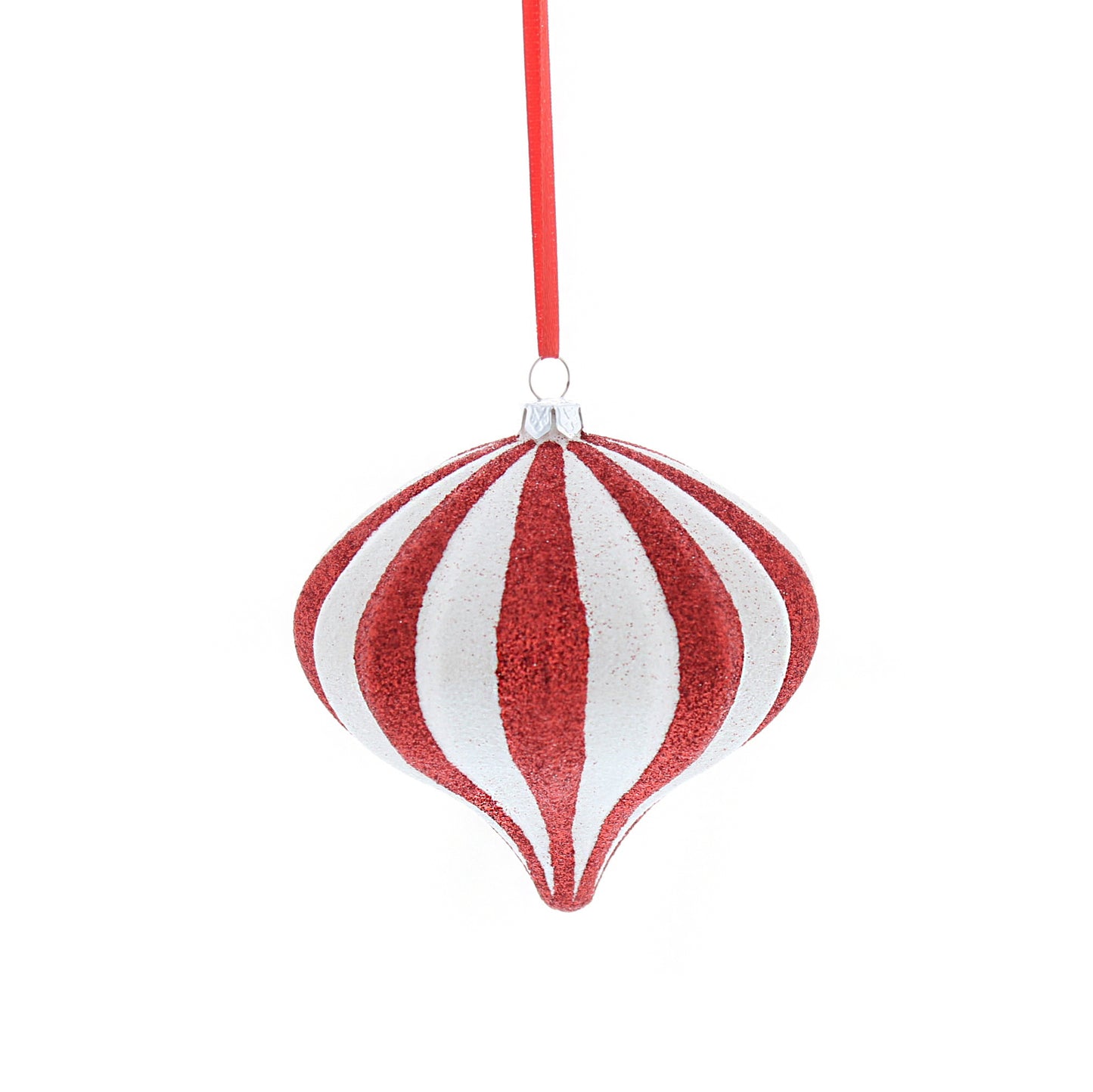 Red and White Glitter Stripped Teardrop Hanging Christmas Decoration