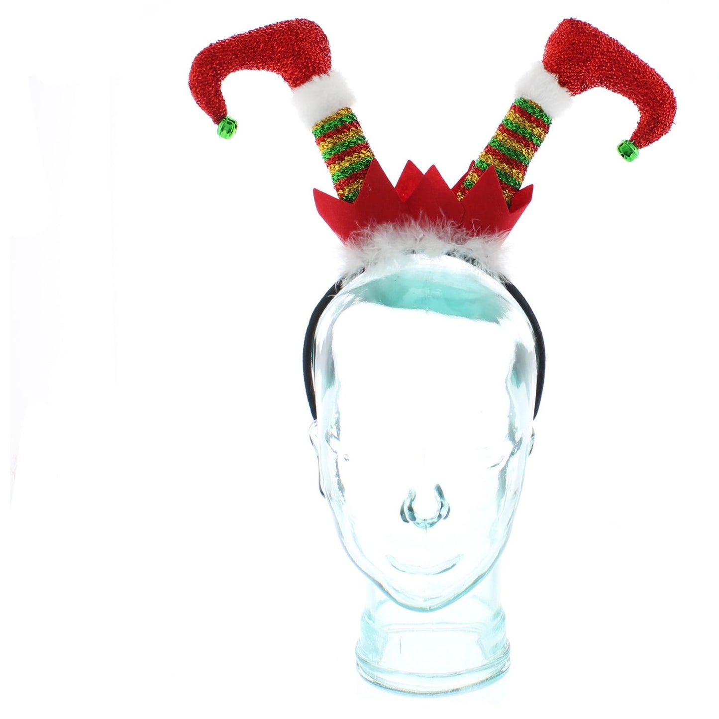 A red and white elf legs headband with green accents, displayed on a mannequin head.