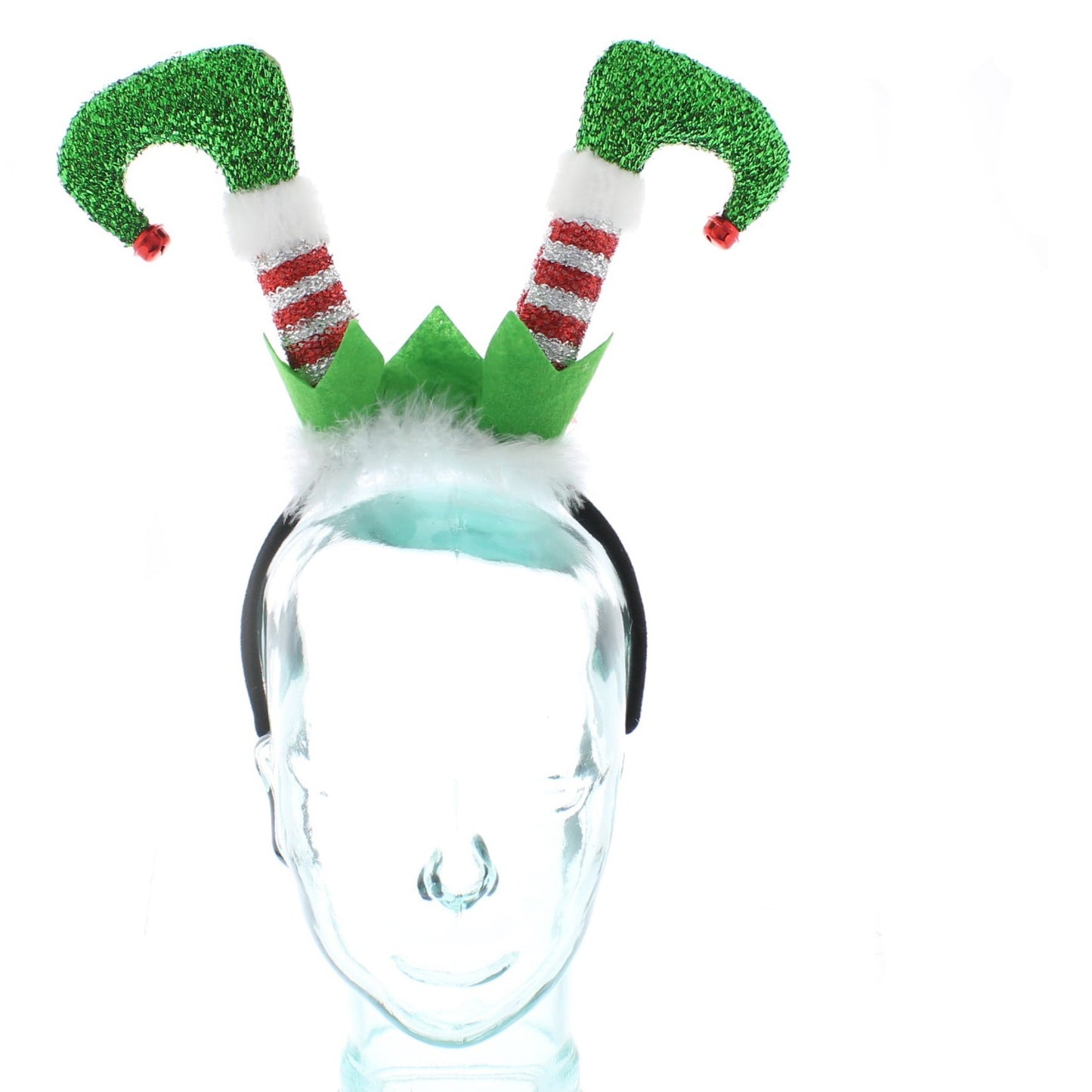 A headband with green elf legs, white and red stripes, and a white pom-pom on top.