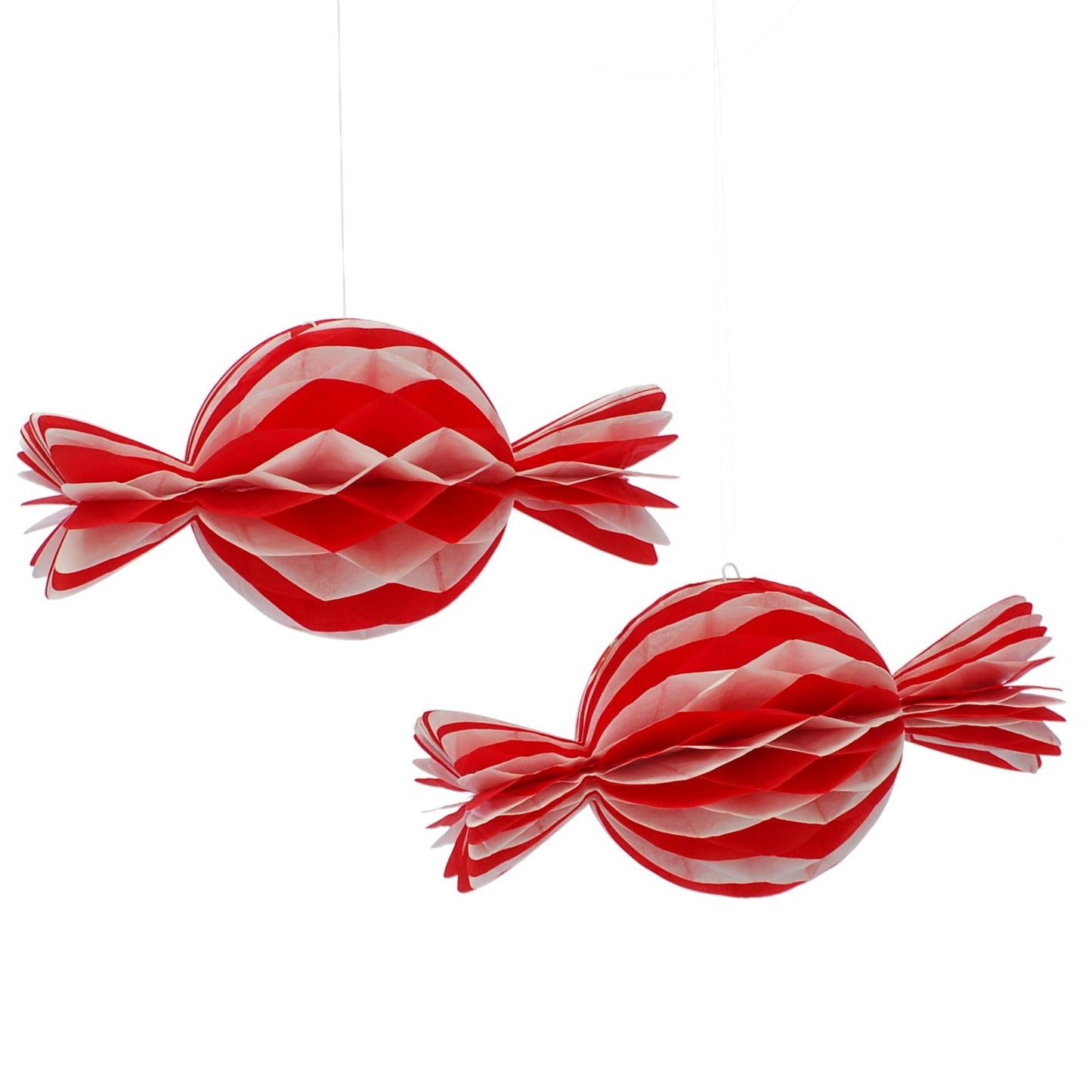 Two red and white striped paper candy cane decorations designed for Christmas trees.
