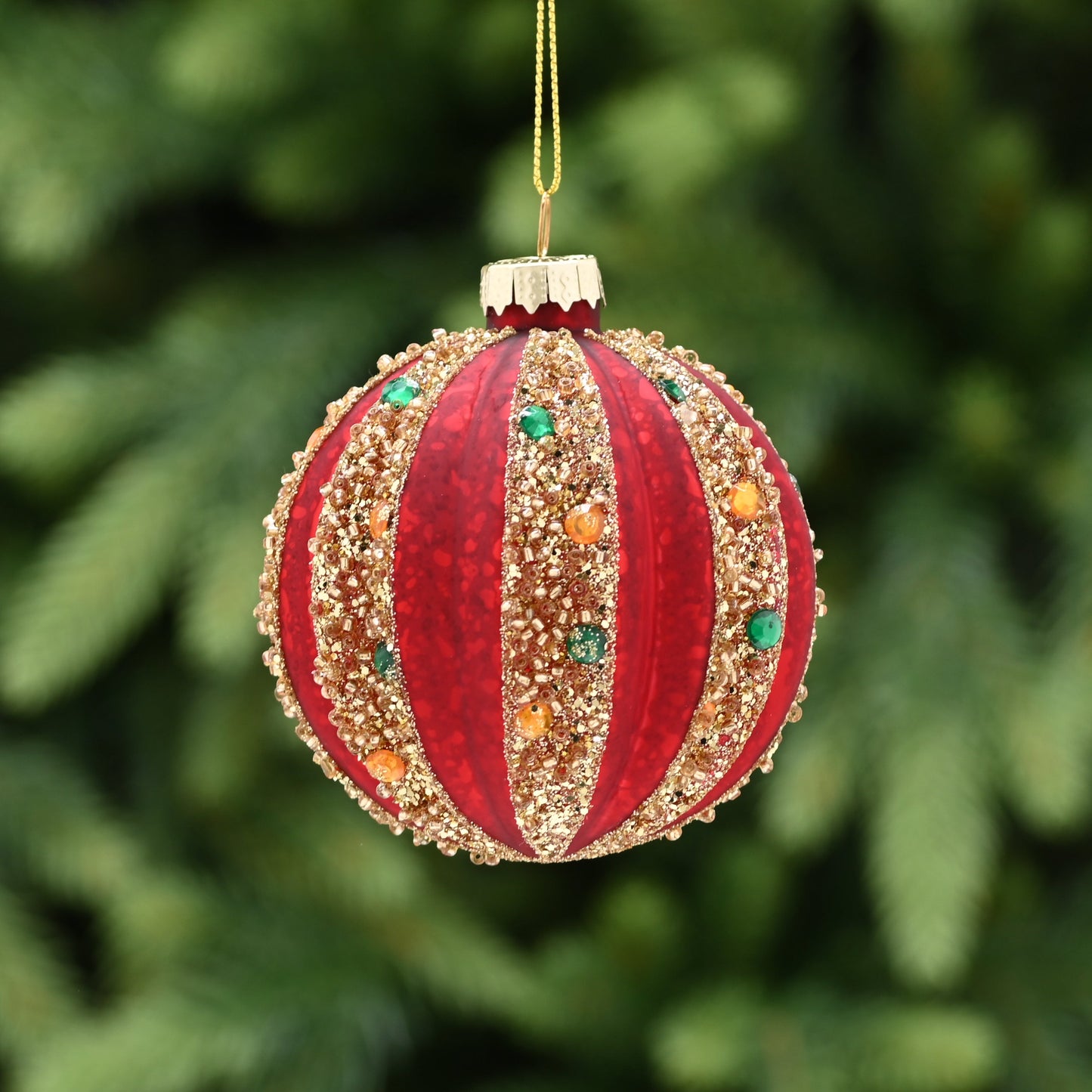 Red and Gold Glitter Jewelled Glass Christmas Tree Bauble