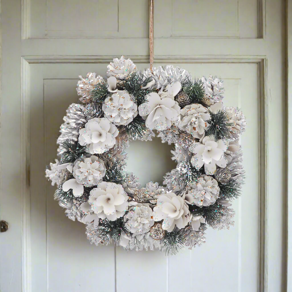 Snow White Flowers and Pinecone Christmas Wreath 36cm