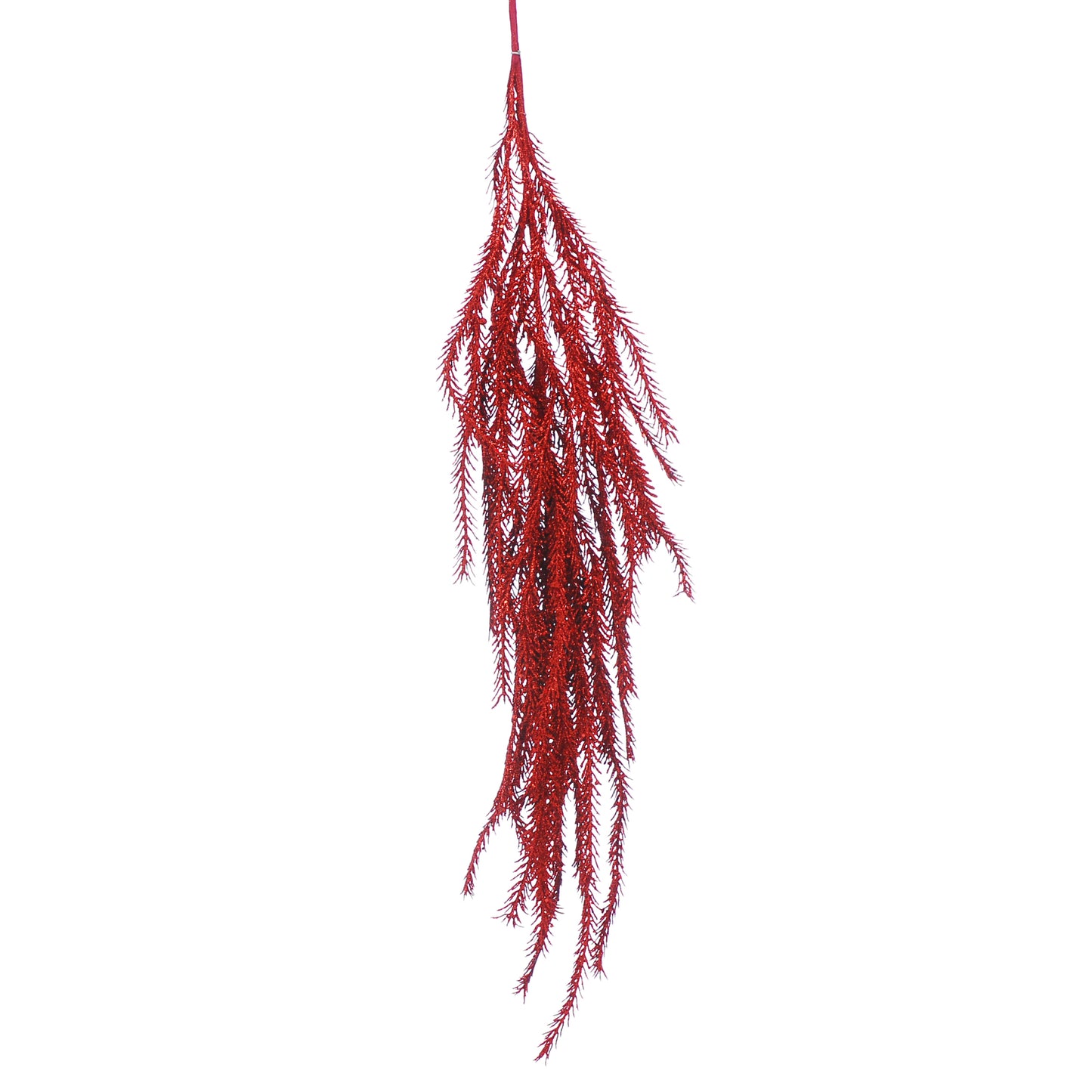 A red glittery Christmas spray decoration with foliage-like branches against a white background.