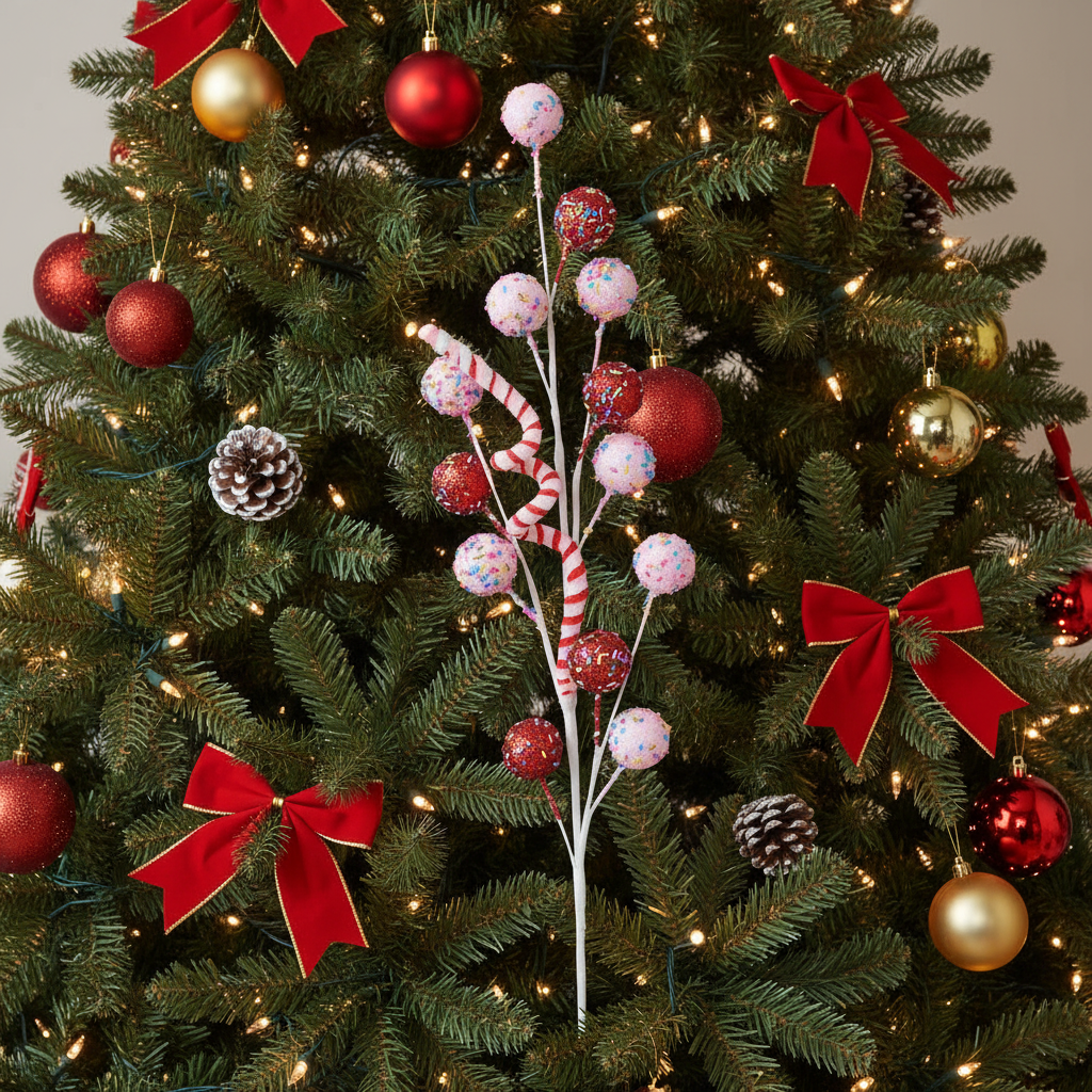 A decorative Christmas stem with a variety of berry and candy cane shaped ornaments in pink, red, and white colors, with green and white striped candy canes.