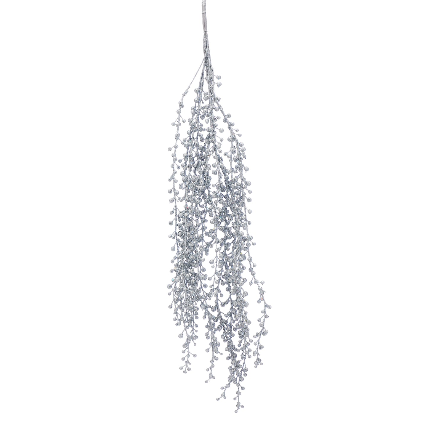 A silver glitter hanging Christmas spray decoration featuring a bunch of artificial berries.