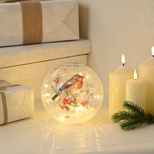 Glass Christmas lit crackle ball with picture of a robin sat on a branch with berries