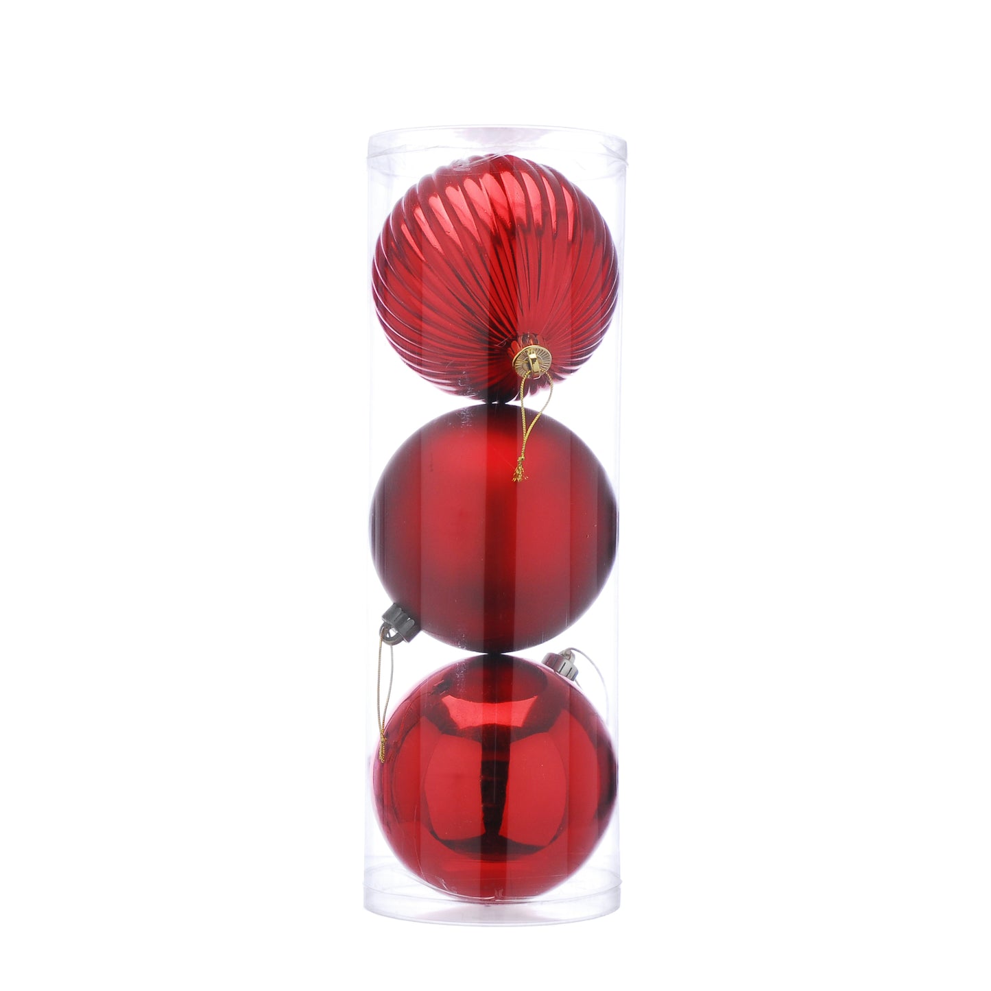 Three red glass balls stacked inside a clear cylindrical container on a white background