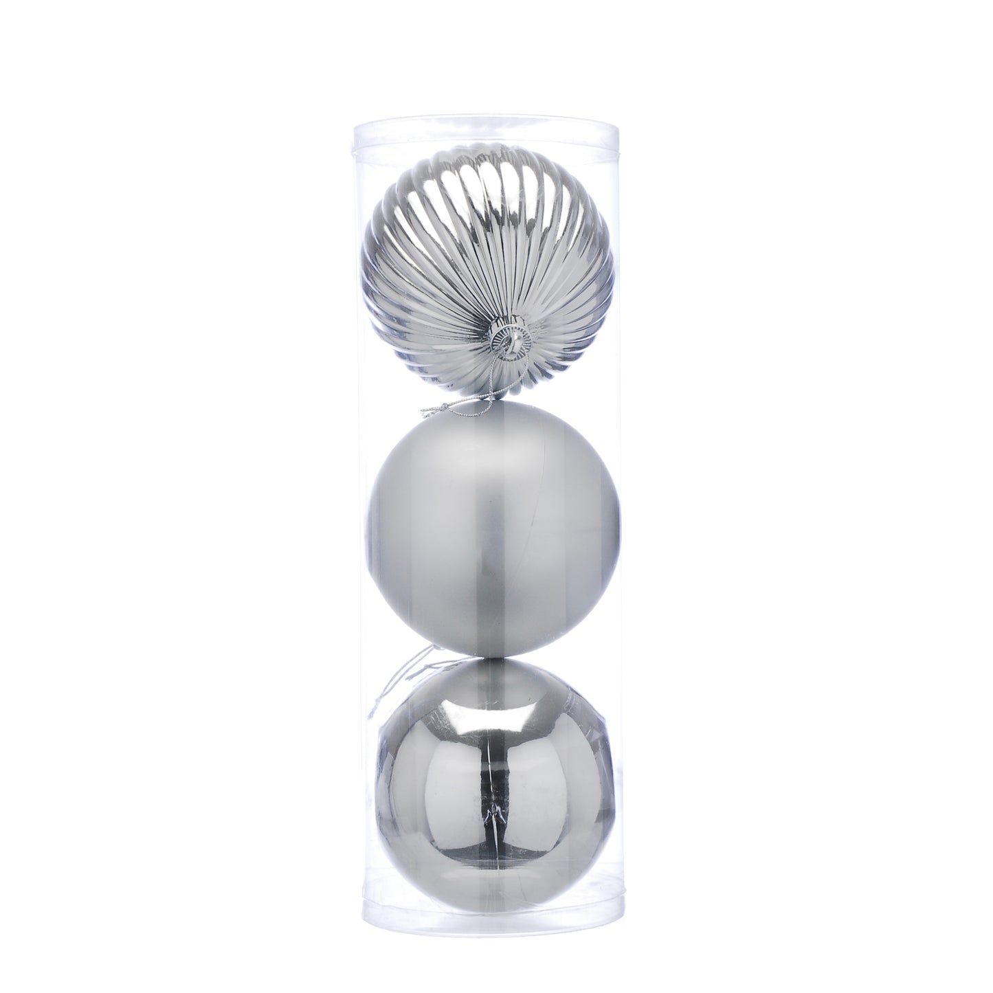Set of three metallic spheres stacked on a white background