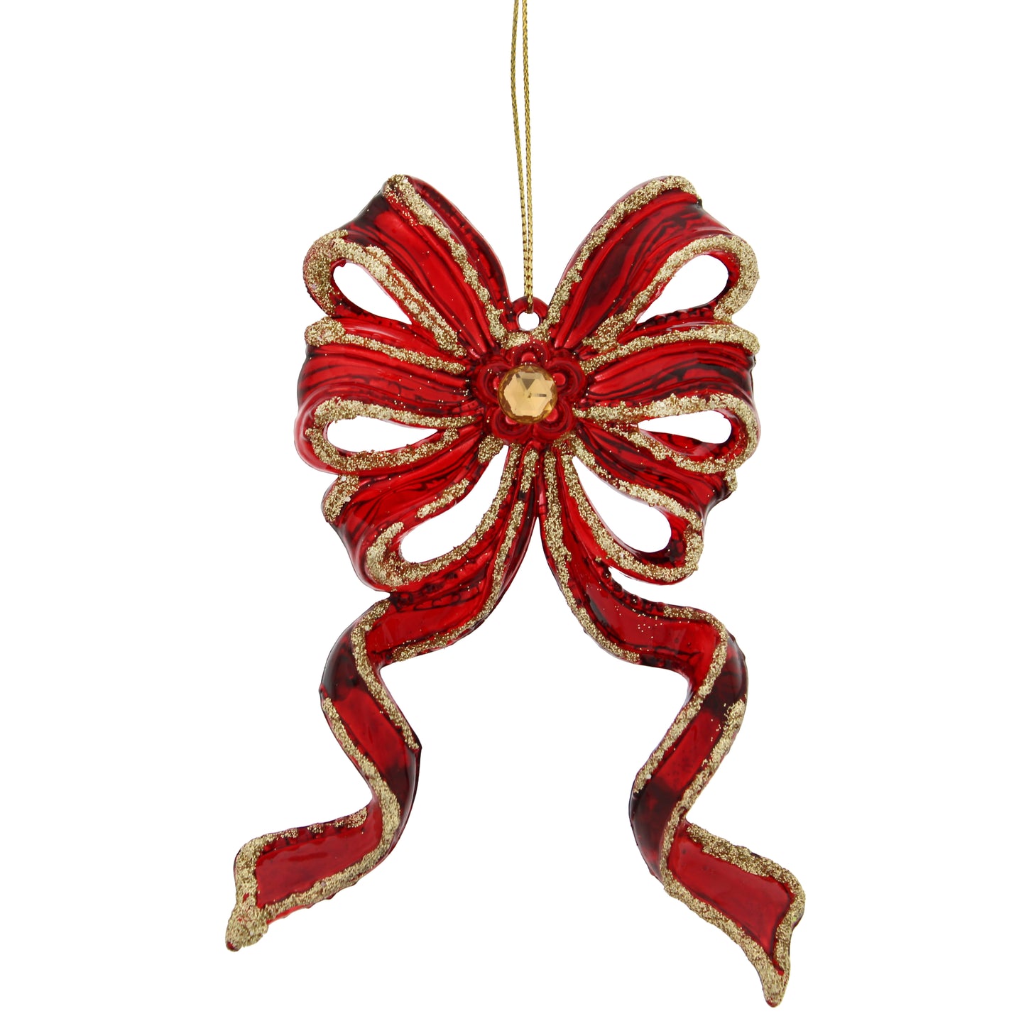 Red and Gold Glitter Long Tail Bow Christmas Tree Decoration