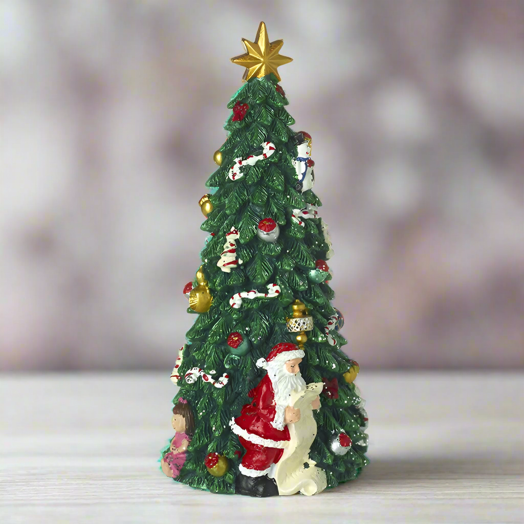 A decorative Christmas tree spinning ornament featuring a festive design with ornaments and a star on top.