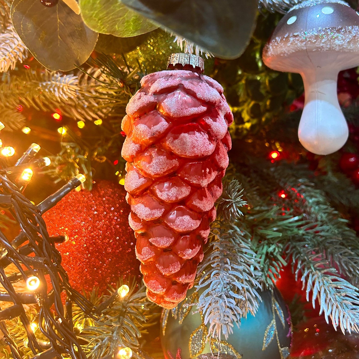 Red Frosted Glass Christmas Pinecone Christmas Tree Decoration 12cm