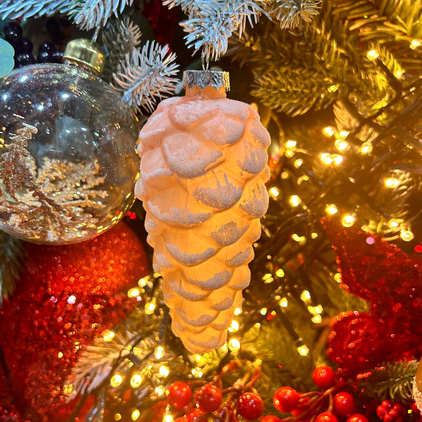 Light Pink Frosted Glass Pinecone Christmas Tree Decoration 12cm