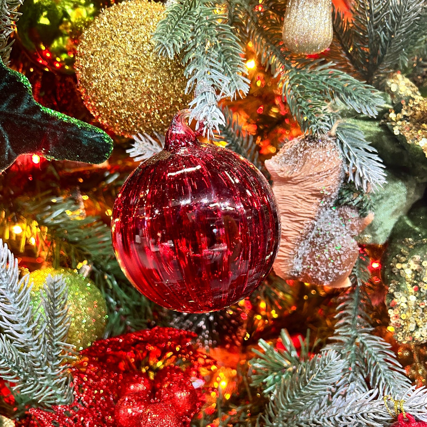 Translucent Red Glass Christmas Tree Bauble 8cm