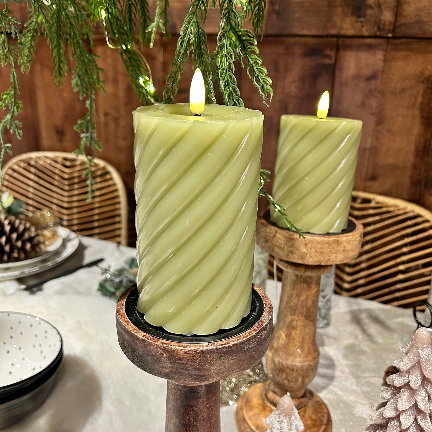 Green LED Wick Twisted Wax Christmas Candle with Melted Top 14.8cm x 7.5cm