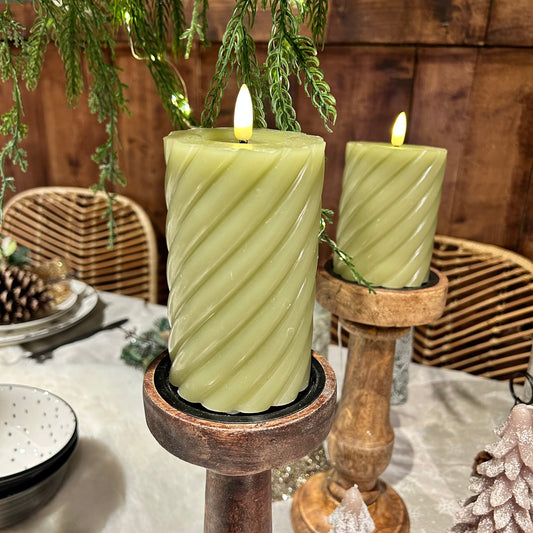 Green LED Wick Twisted Wax Christmas Candle with Melted Top 12.3cm x 7.5cm
