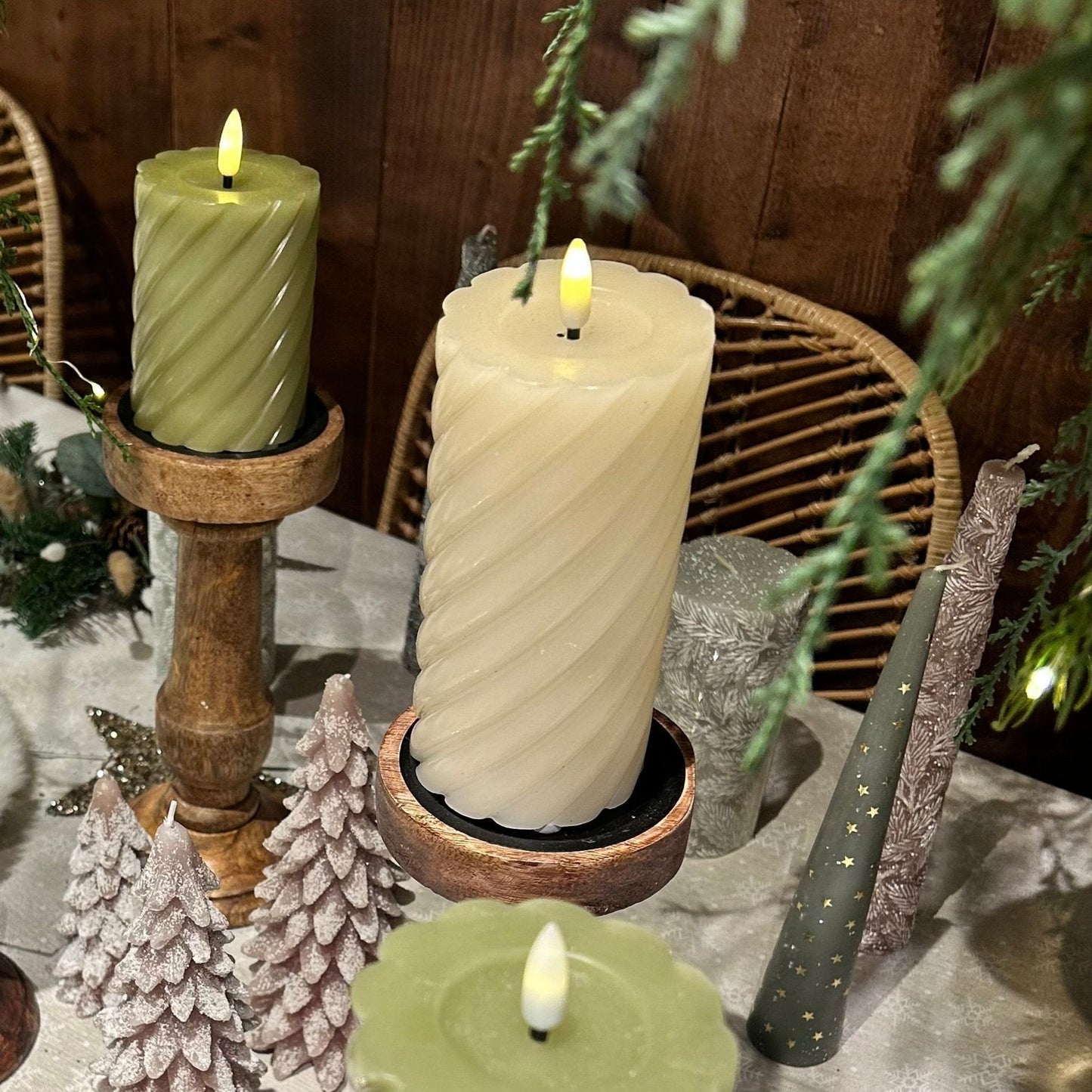 Cream LED Wick Twisted Wax Christmas Candle with Melted Top 12.3cm x 7.5cm