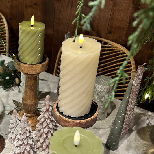 Cream LED Wick Twisted Wax Christmas Candle with Melted Top 14.8cm x 7.5cm