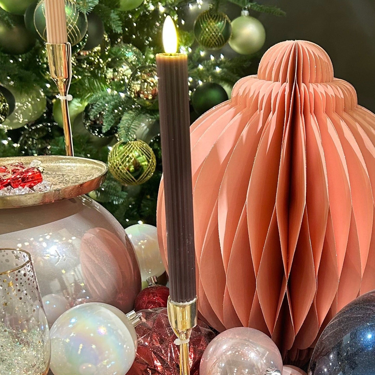 Set of 2 Brown LED Wick Carved Festive Wax Dinner Candle