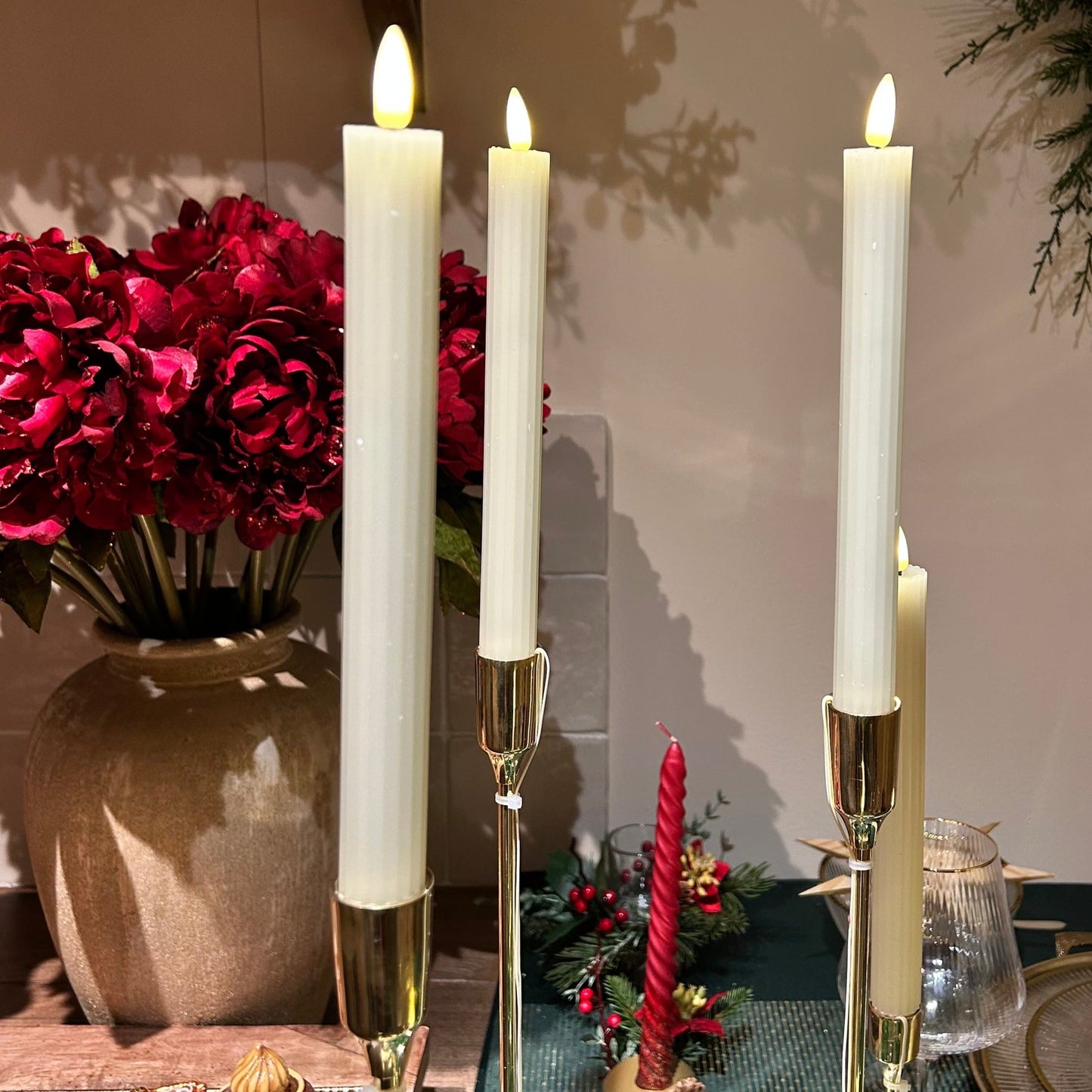 Set of 2 Cream LED Wick Carved Wax Festive Dinner Candle