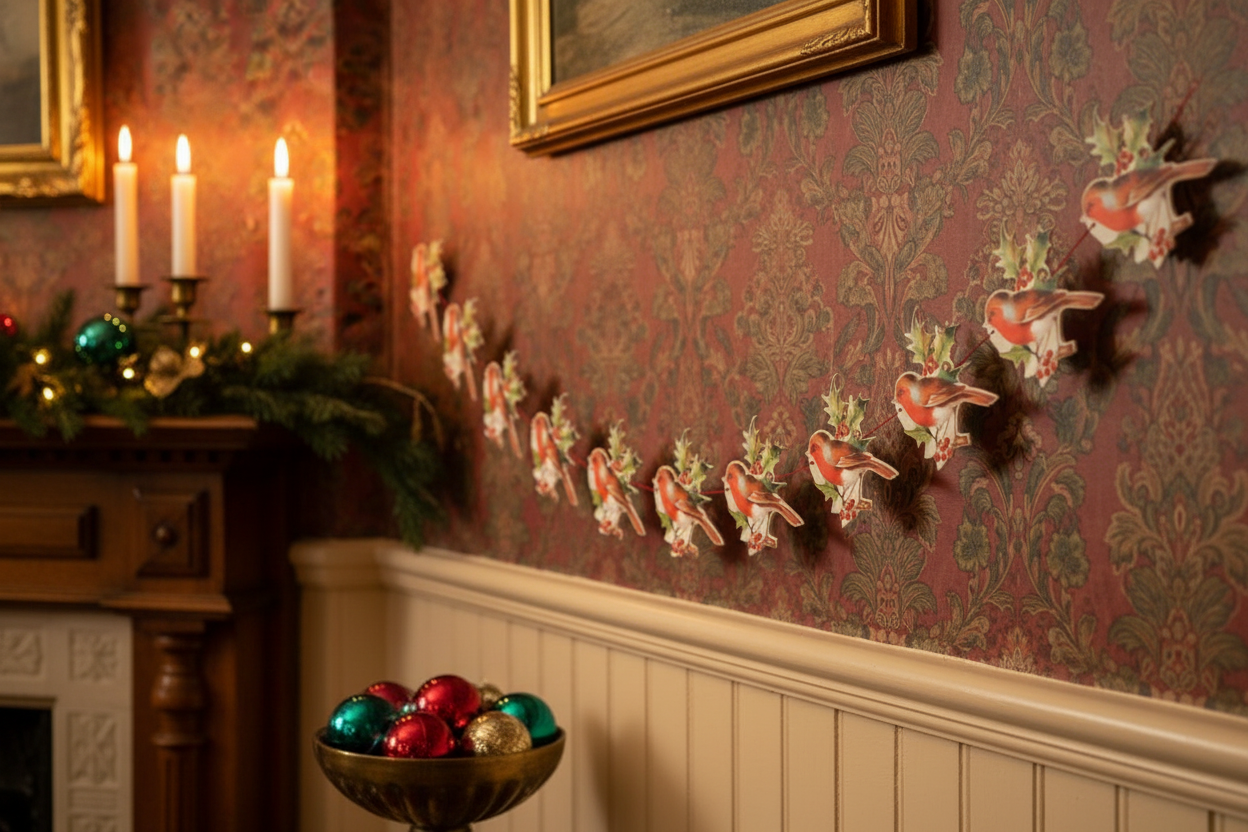 A die-cut and embossed paper garland featuring repeated motifs of a robin and holly, with a length of 3 meters and a height of 17.5 cm.