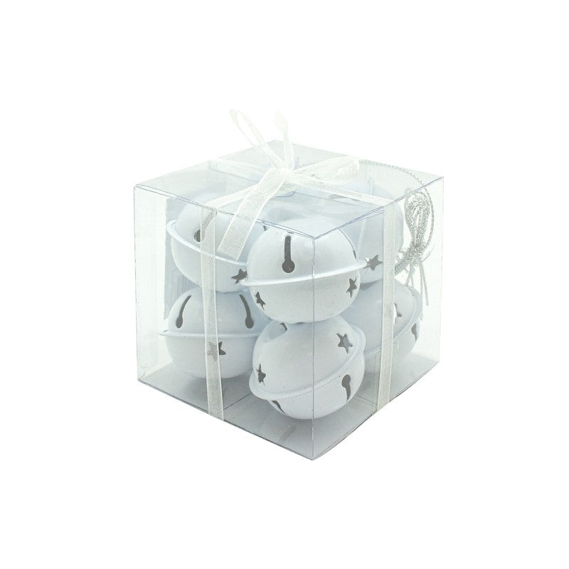 A set of white Christmas bells with decorative stars, presented in a clear plastic box with a white ribbon bow on top.
