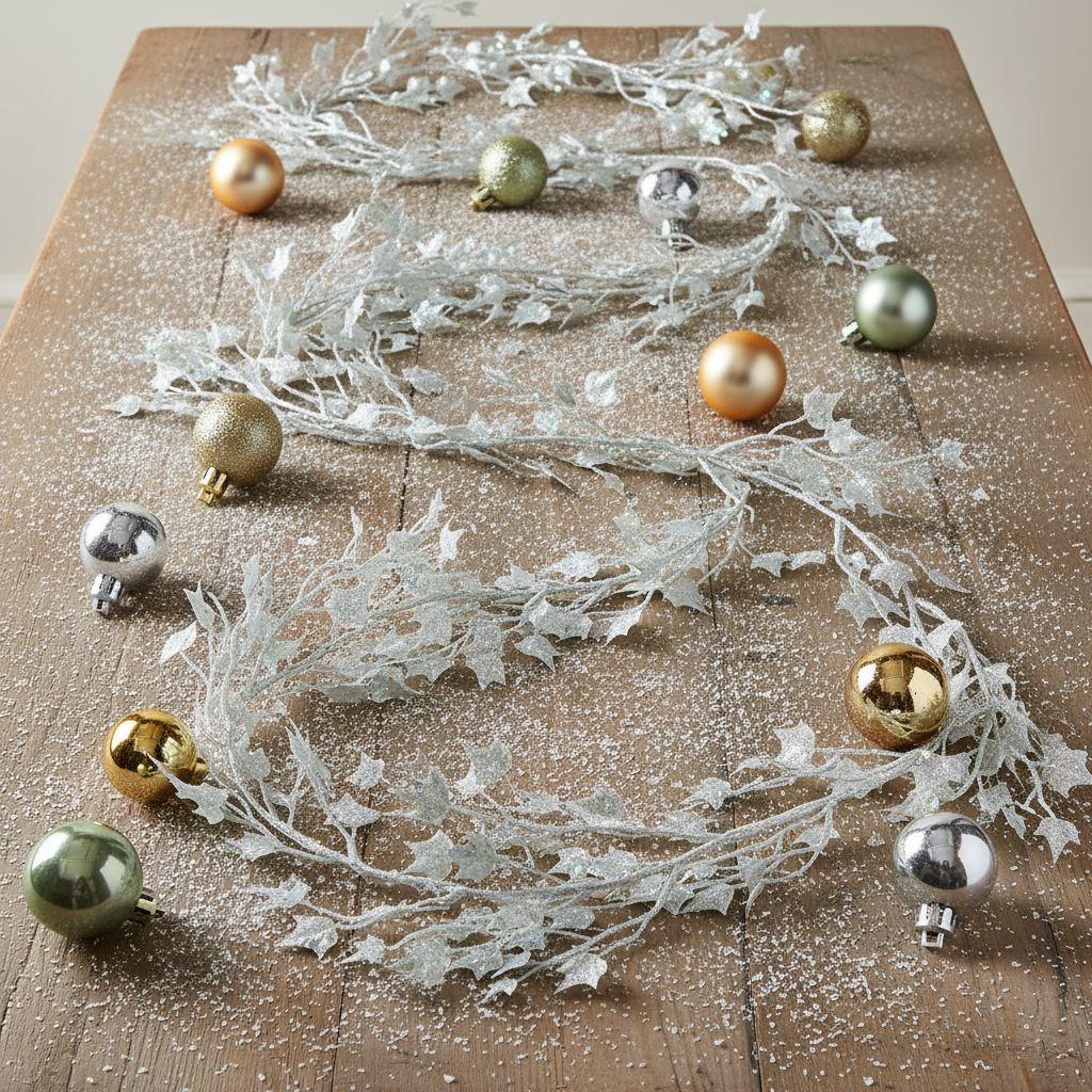 Decorative garland with gold and silver ornaments on a wooden surface