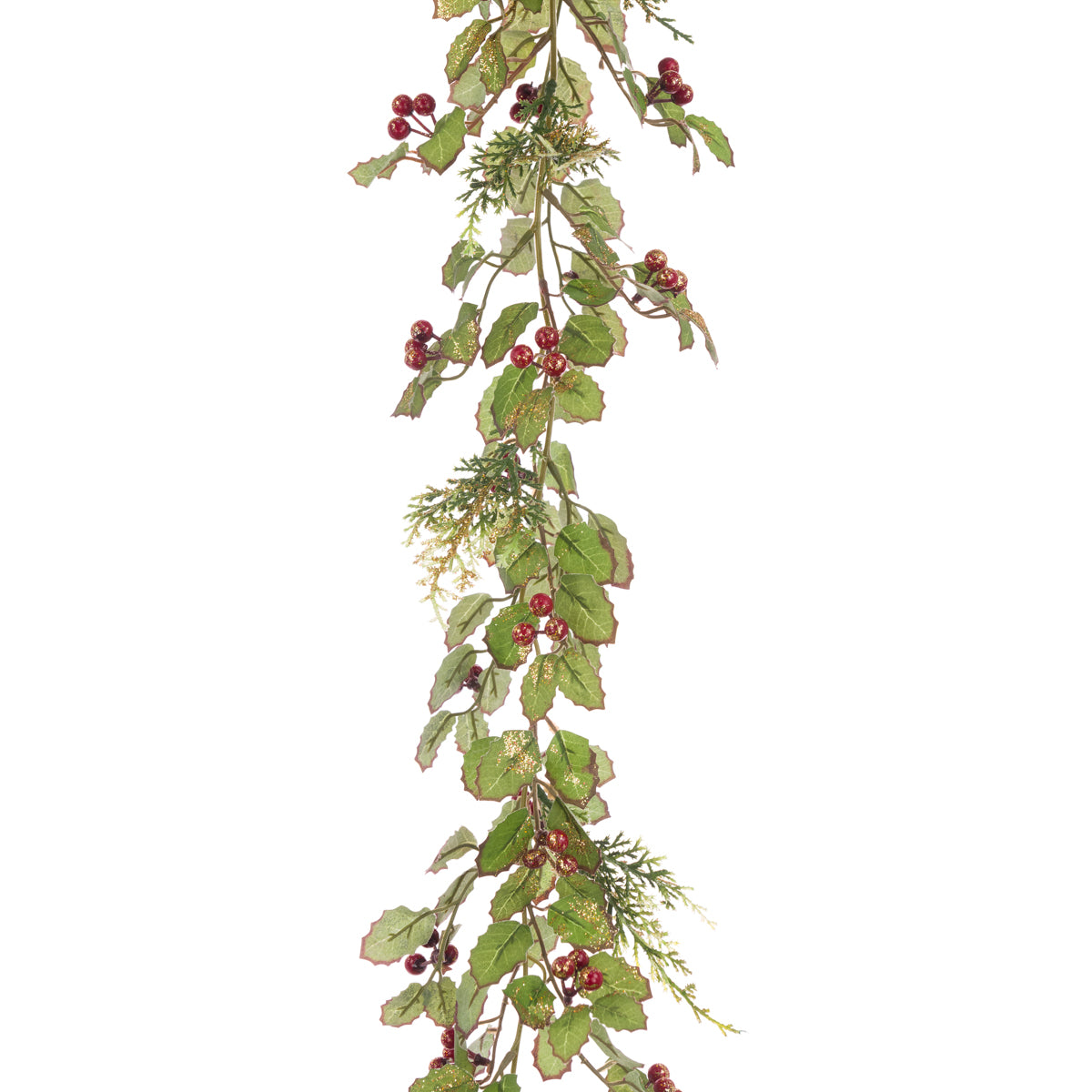 Artificial greenery with red berries on a white background