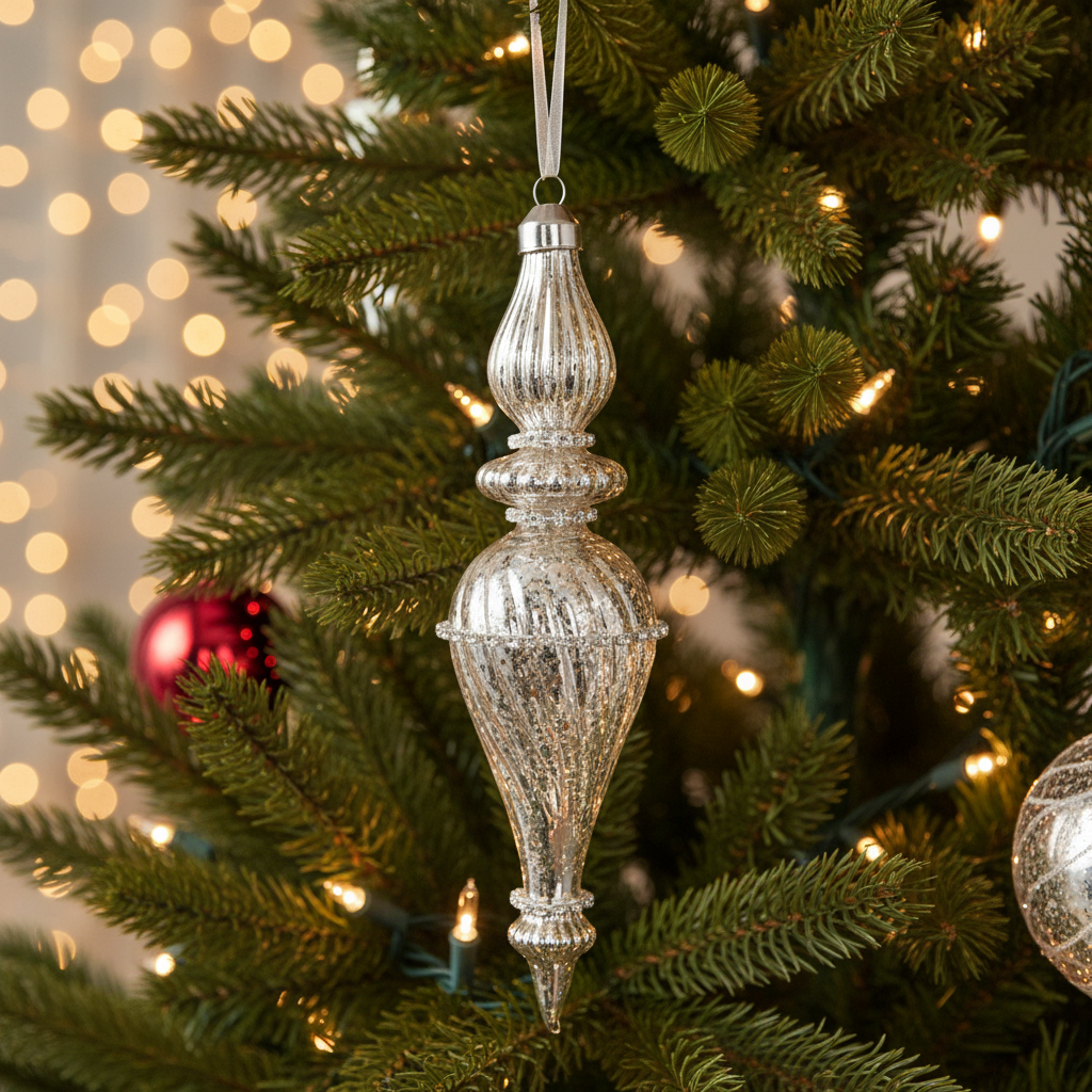 Silver Glass Aged Patina Fancy Finial Christmas Bauble 20cm