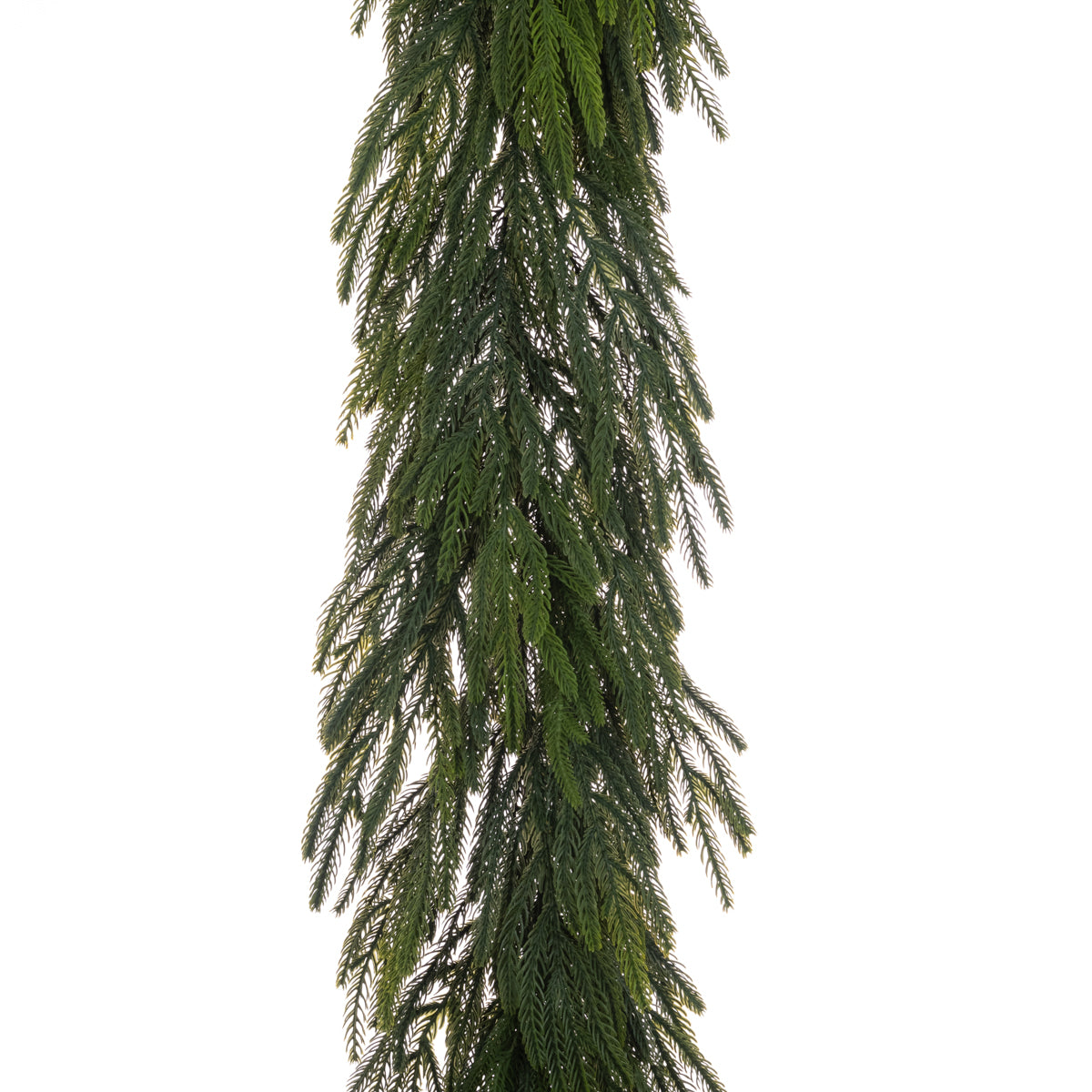 Long green artificial garland on a white background