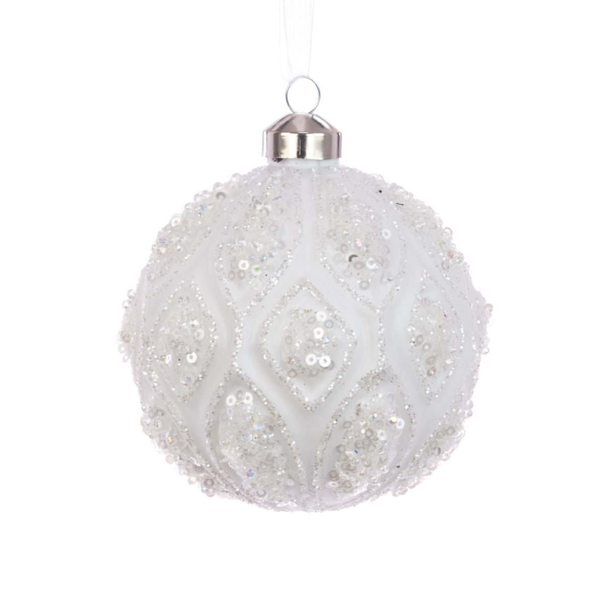 White beaded Christmas ornament with silver hanging hook on a white background