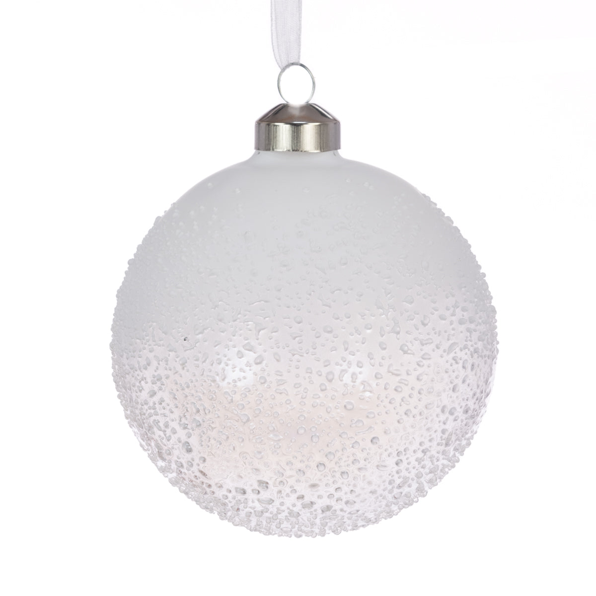 White textured Christmas ball ornament with silver base on a white background