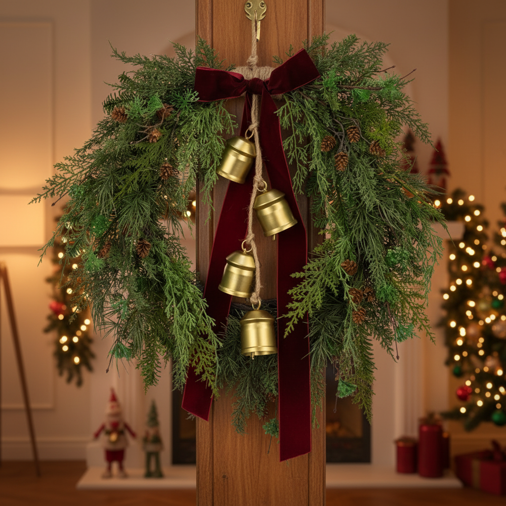 Decorative wreath with gold bells and a red ribbon on a wooden door, festive background.