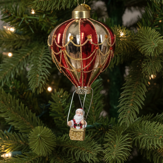 Red and Gold Hot Air Balloon with Santa Glass Christmas Tree Decoration