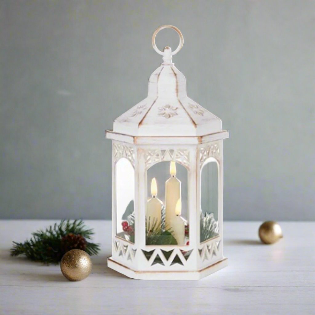 Vintage Style Christmas Lantern with Candles and Foliage