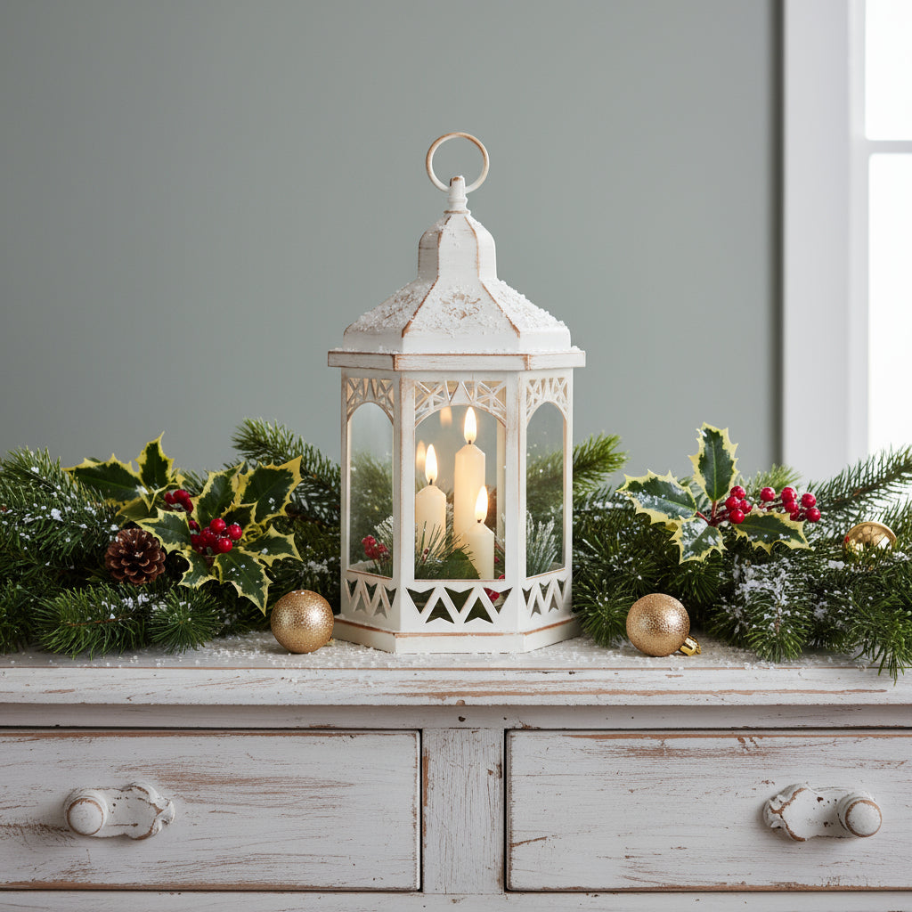 Vintage Style Christmas Lantern with Candles and Foliage