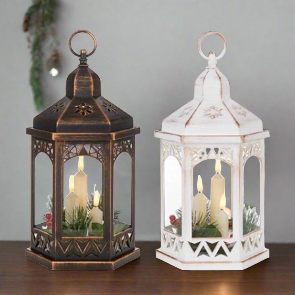 Vintage Style Christmas Lantern with Candles and Foliage