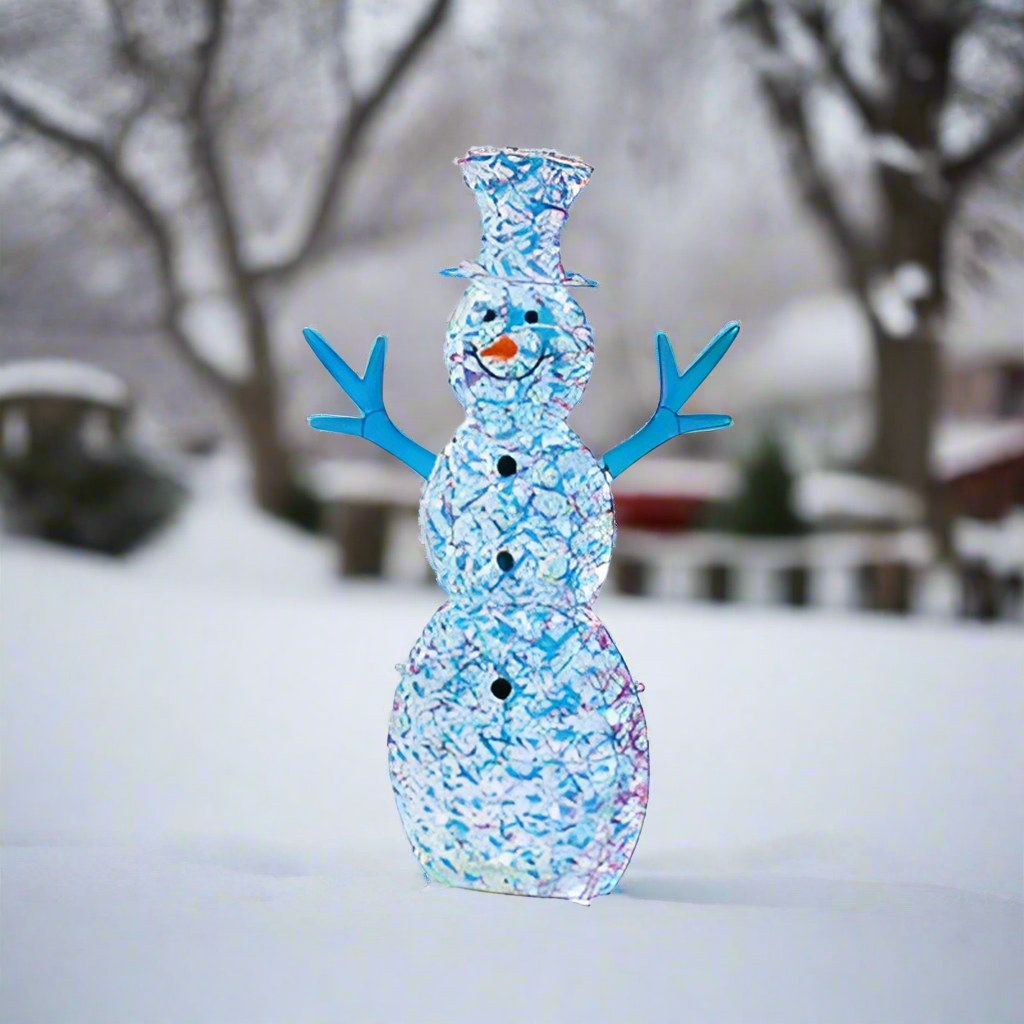 Picture image of an iridescent lit snowman with top hat.