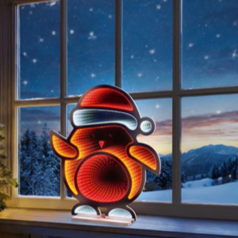 Decorative penguin light on a windowsill with a snowy landscape outside