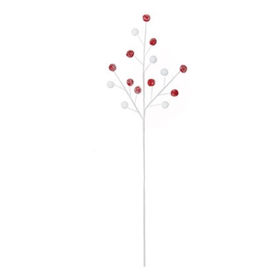 Red and White Frosted Pom Pom Christmas Stem