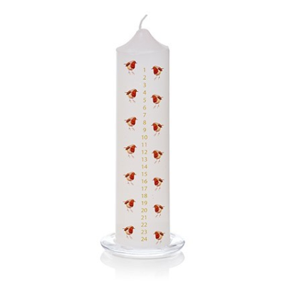 Robin Advent White Candle with Glass Holder